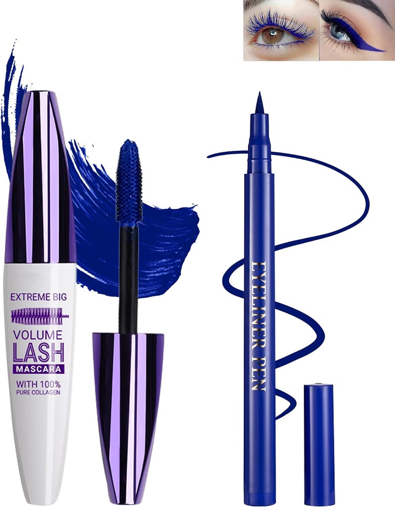 Lestpola Blue Waterproof Mascara & Eyeliner Set, 5D Silk Fiber Liquid Lash Extensions Colored Tubing Mascara Volume and Length, Long Lasting, Smudge-Proof, Curling Non-Clumping Mascara & Eyeliner Pen for Women - Image 1