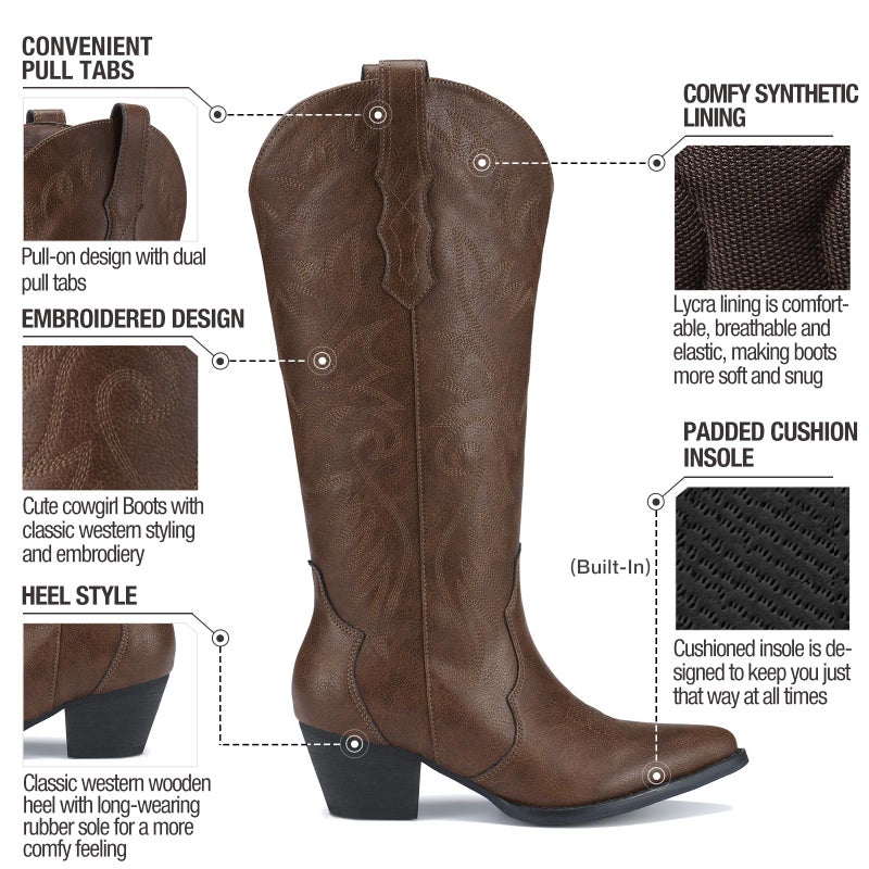 Rollda Cowboy Boots for Women Cowgirl Boots Embroidered Knee-High Western Boots Pointy Toe with Chunky Heel Bronze Size 8 - Image 3