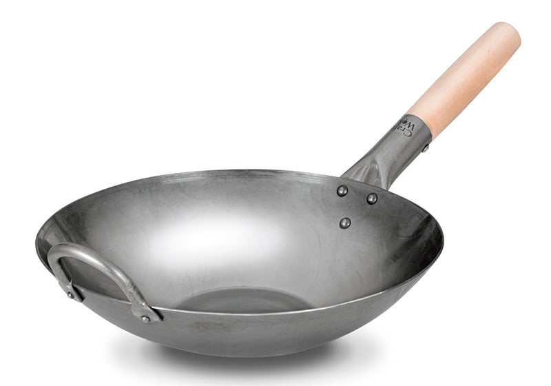 Craft Wok Flat Hand Hammered Carbon Steel Pow Wok with Wooden and Steel Helper Handle 12 Inch Flat Bottom  731W31612in