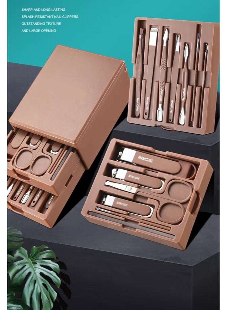 مجموعة أدوات العناية بالأظافر مجموعة أدوات قص الأظافر الاحترافية - 13 قطعة مجموعة أدوات العناية بالأظافر من الفولاذ المقاوم للصدأ مع تخزين مزدوج الطبقات ومرآة للعناية بالوجه واليدين والقدمين (بني) - Image 1