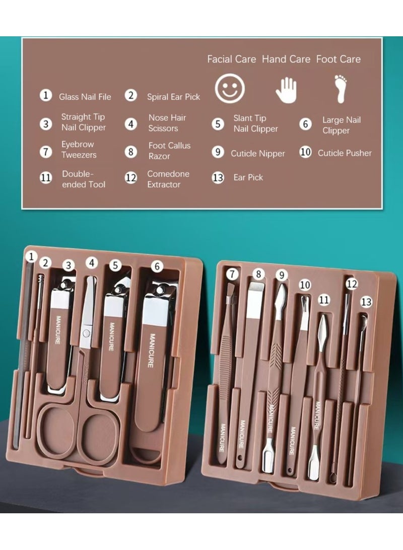 مجموعة أدوات العناية بالأظافر مجموعة أدوات قص الأظافر الاحترافية - 13 قطعة مجموعة أدوات العناية بالأظافر من الفولاذ المقاوم للصدأ مع تخزين مزدوج الطبقات ومرآة للعناية بالوجه واليدين والقدمين (بني) - Image 5