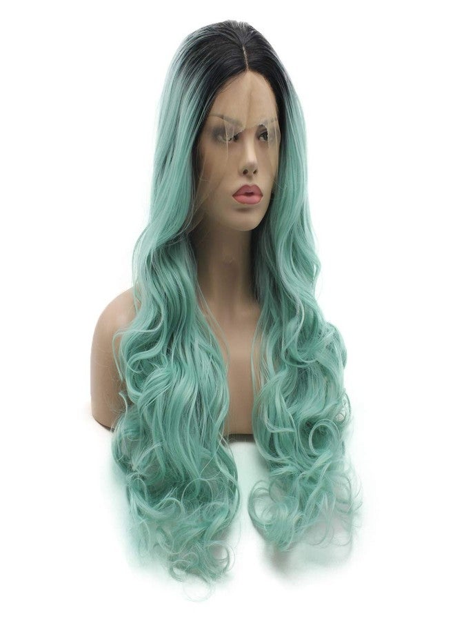لاشي شعر مستعار صناعي كثيف، مقدمة دانتيل، مموج، طويل، 26 بوصة، جذور داكنة، لون أزرق فاتح متدرج، شعر مستعار كثيف وواقعي - Image 2