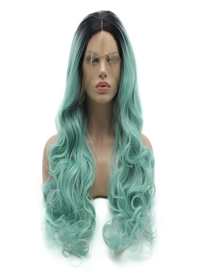 لاشي شعر مستعار صناعي كثيف، مقدمة دانتيل، مموج، طويل، 26 بوصة، جذور داكنة، لون أزرق فاتح متدرج، شعر مستعار كثيف وواقعي - Image 1