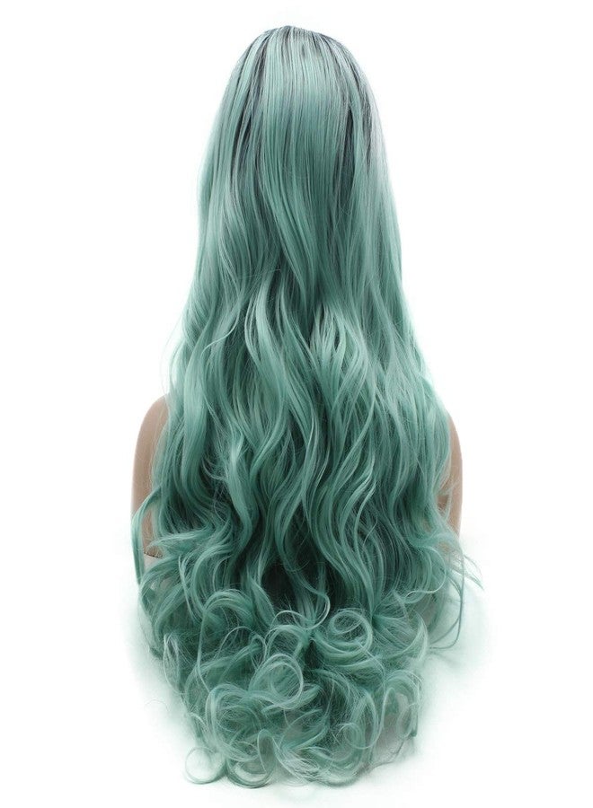 لاشي شعر مستعار صناعي كثيف، مقدمة دانتيل، مموج، طويل، 26 بوصة، جذور داكنة، لون أزرق فاتح متدرج، شعر مستعار كثيف وواقعي - Image 4
