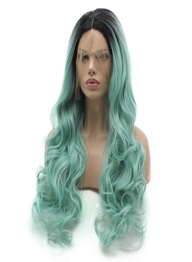 لاشي شعر مستعار صناعي كثيف، مقدمة دانتيل، مموج، طويل، 26 بوصة، جذور داكنة، لون أزرق فاتح متدرج، شعر مستعار كثيف وواقعي - Image 3