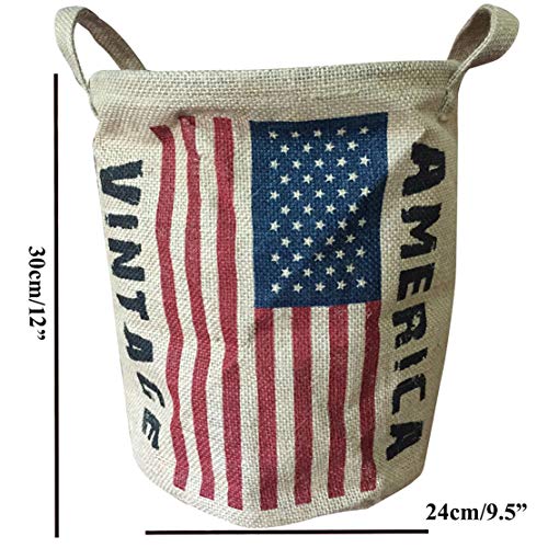 NewFerU Burlap Woven Storage Basket Collapsible Vintage, Round Jute Food Toy Bucket Organizer with Handles, Small Linen Patriotic Decor Bin for Shelf Table Desk Top, 9.5" D. X 12" H (America Flag) - Image 2