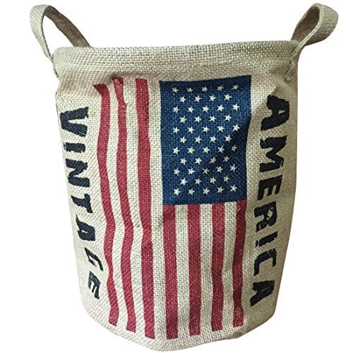 NewFerU Burlap Woven Storage Basket Collapsible Vintage, Round Jute Food Toy Bucket Organizer with Handles, Small Linen Patriotic Decor Bin for Shelf Table Desk Top, 9.5" D. X 12" H (America Flag) - Image 1