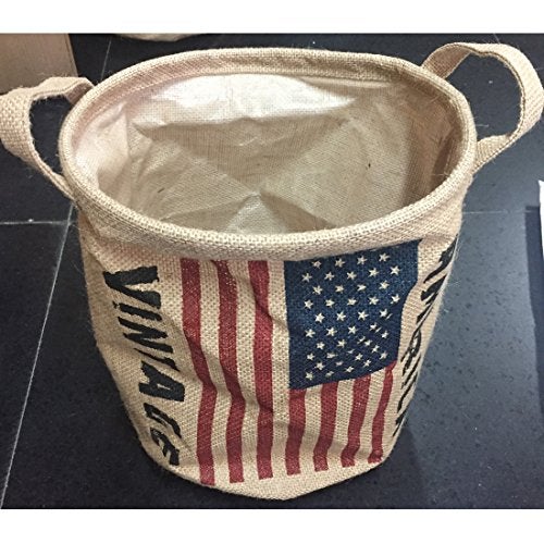 NewFerU Burlap Woven Storage Basket Collapsible Vintage, Round Jute Food Toy Bucket Organizer with Handles, Small Linen Patriotic Decor Bin for Shelf Table Desk Top, 9.5" D. X 12" H (America Flag) - Image 5