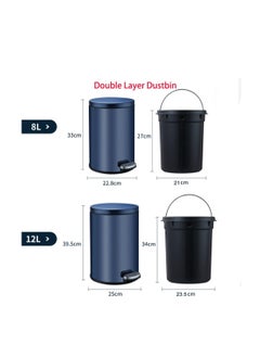 Generic Stainless Steel Double Layer Dustbin with Pedal and Lid For Bathroom Kitchen,Silent Lidded Trash Bin,Fingerprint-Proof Modern Garbage Can,Round Bucket with Handle for Home Office (White, 12L)  - Image 3
