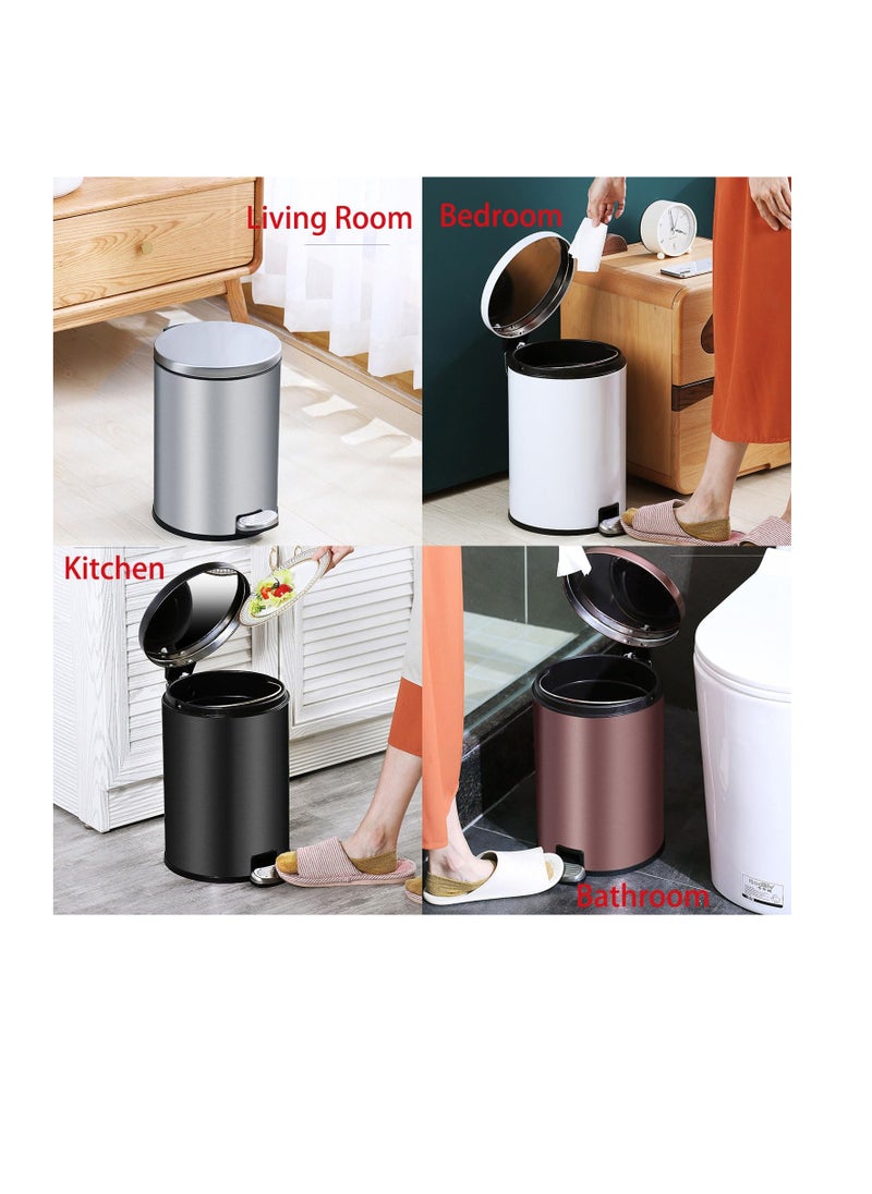 Stainless Steel Double Layer Dustbin with Pedal and Lid For Bathroom Kitchen,Silent Lidded Trash Bin,Fingerprint-Proof Modern Garbage Can,Round Bucket with Handle for Home Office (White, 12L)