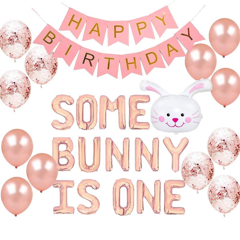 Geloar Some Bunny Is One First Birthday Party Supplies Some Bunny is One Balloons Happy Birthday Banner for Spring Easter Rabbit Themed Baby Girls 1st Bday Baby Shower Decorations Set of 28 PCS - Image 2