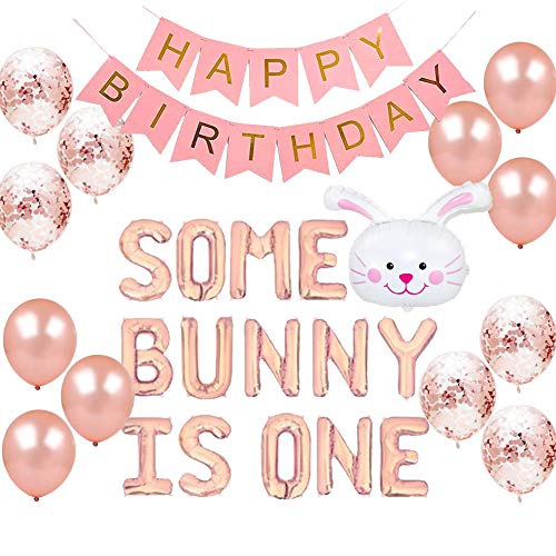Geloar Some Bunny Is One First Birthday Party Supplies Some Bunny is One Balloons Happy Birthday Banner for Spring Easter Rabbit Themed Baby Girls 1st Bday Baby Shower Decorations Set of 28 PCS - Image 1