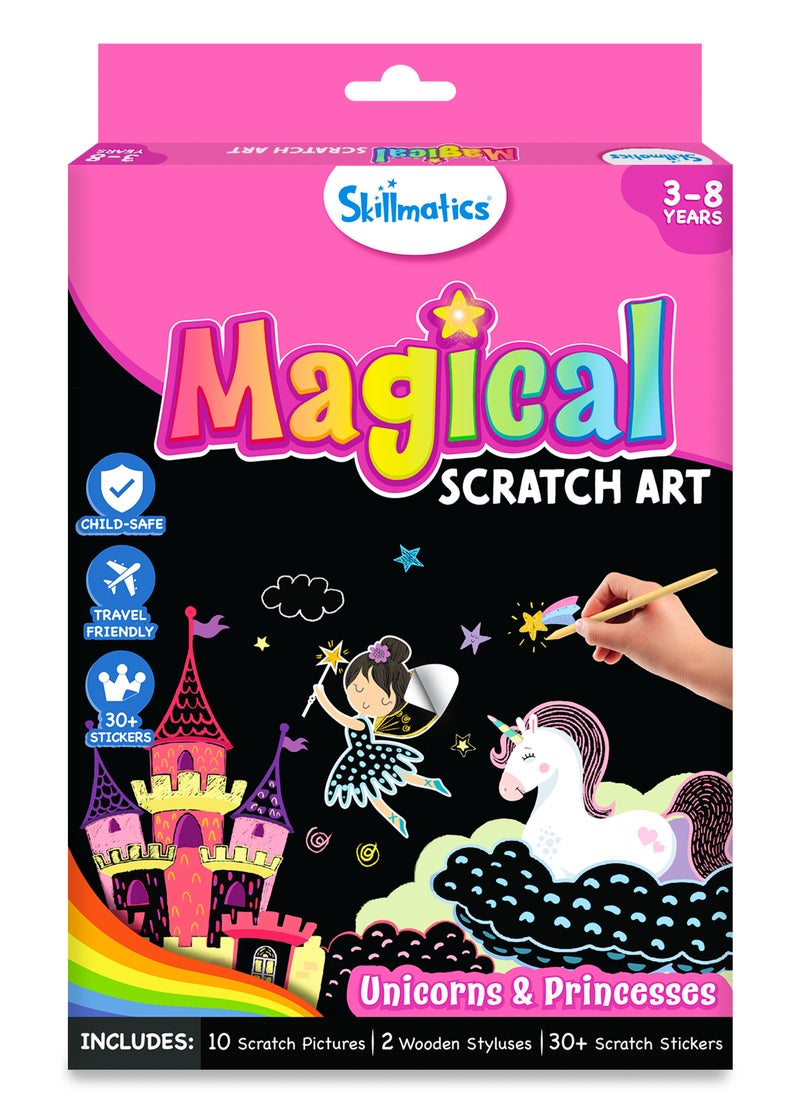 Skillmatics Magical Scratch Art Book for Kids - Unicorns & Princesses, Craft Kits & Supplies, 30+ Scratch Stickers, Travel Toys, DIY Kit, Gifts for Girls & Boys Ages 3, 4, 5, 6, 7, 8  - Image 1