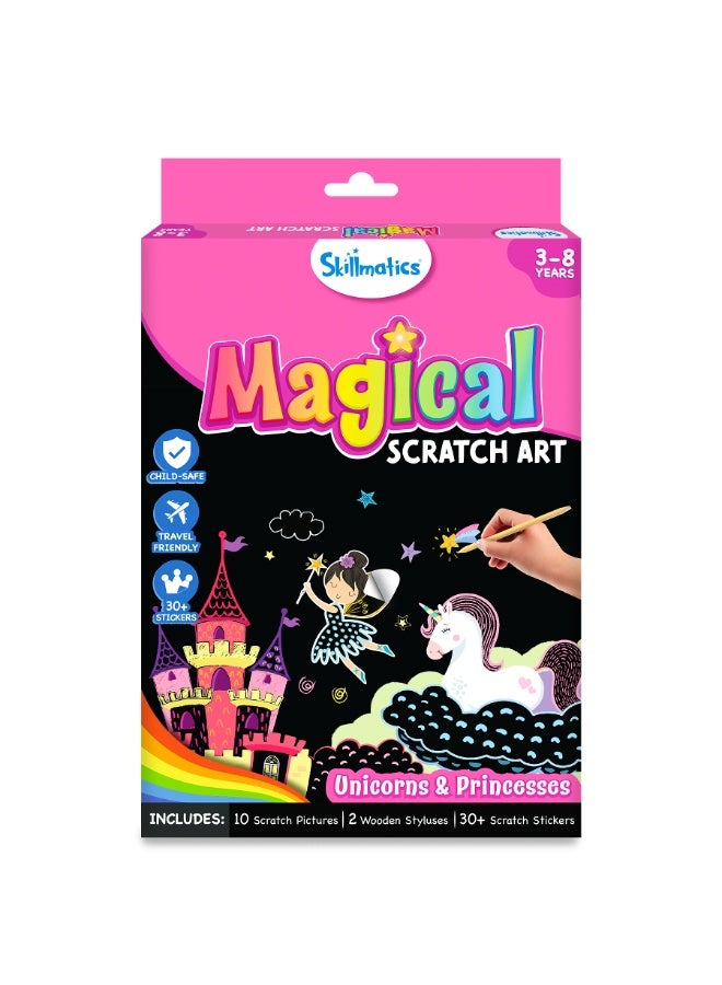 Skillmatics Magical Scratch Art Book for Kids - Unicorns & Princesses, Craft Kits & Supplies, 30+ Scratch Stickers, Travel Toys, DIY Kit, Gifts for Girls & Boys Ages 3, 4, 5, 6, 7, 8 - Image 1