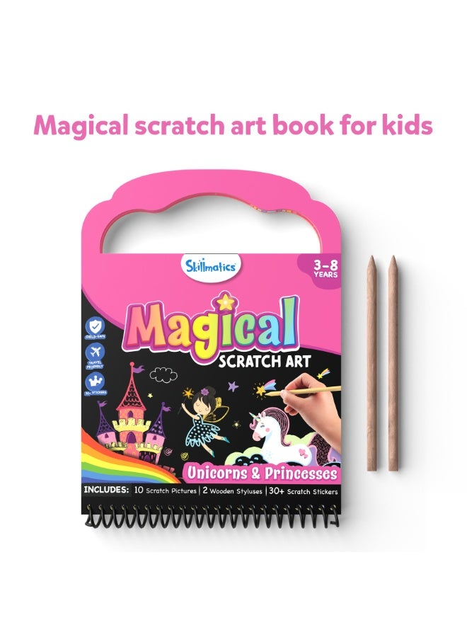 Skillmatics Magical Scratch Art Book for Kids - Unicorns & Princesses, Craft Kits & Supplies, 30+ Scratch Stickers, Travel Toys, DIY Kit, Gifts for Girls & Boys Ages 3, 4, 5, 6, 7, 8 - Image 3