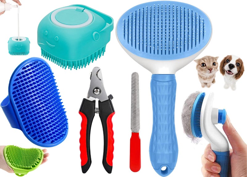 Styllent 4‑in‑1 Pet Grooming Set - Self‑Cleaning Slicker Deshedding Brush + Silicone Bath & Massage Tool + Adjustable Rubber Bath Scrubber + Ergonomic Nail Clippers - for Dogs & Cats - Image 1