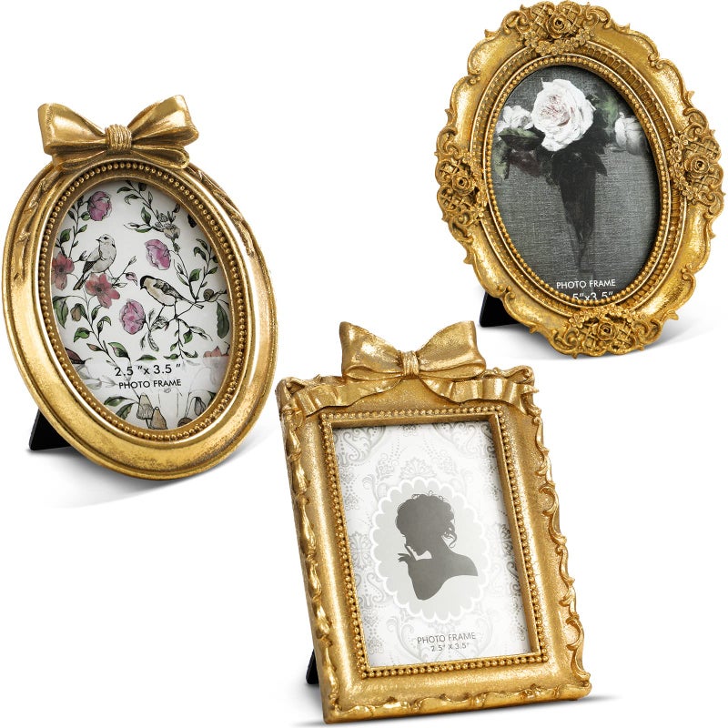 Vicenpal 3 Pcs Tiny Picture Frame Small Picture Frames Vintage Oval Resin Picture Frames Gold Black Vintage Baroque Ornate Antique Picture Frames for Home Wedding Display (Gold 2.5 x 3.5 Inch) - Image 1