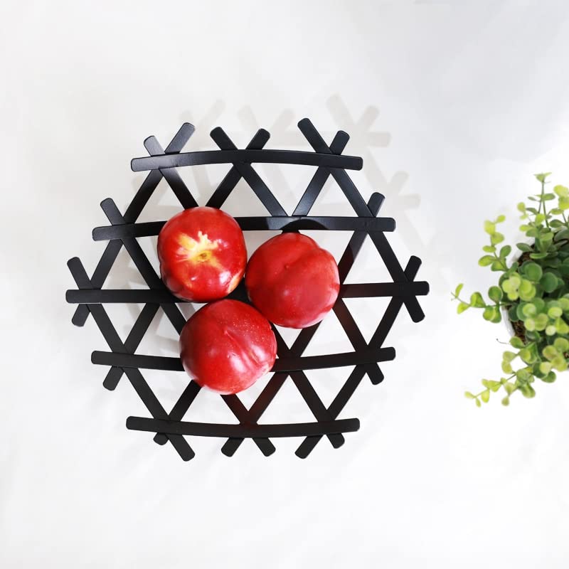 FEELING MALL Decorative Thick Heavy Metal Wire Fruit Basket Matte Black Nordic Style Countertop Vegetable Bowl Basket Holder Stand for Kitchen Home Dining Table Round Platter Tabletop - Image 2