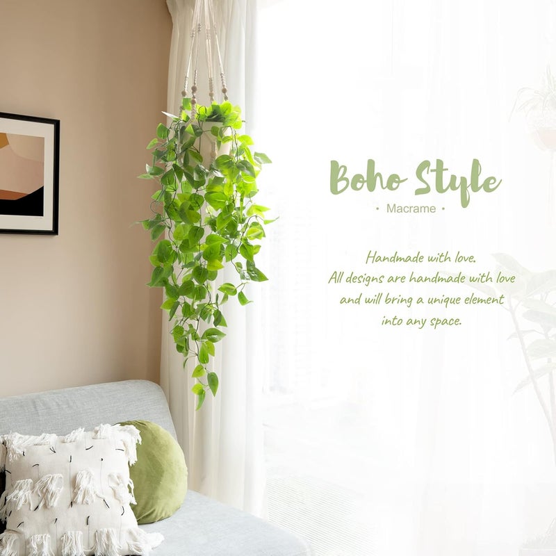 Mkono Fake Hanging Plant with Pot, Artificial Plants for Home Decor Indoor Macrame Plant Hanger with Fake Vines Greenery for Bedroom Bathroom Kitchen Office Decor, Ivory (Pothos) - Image 3