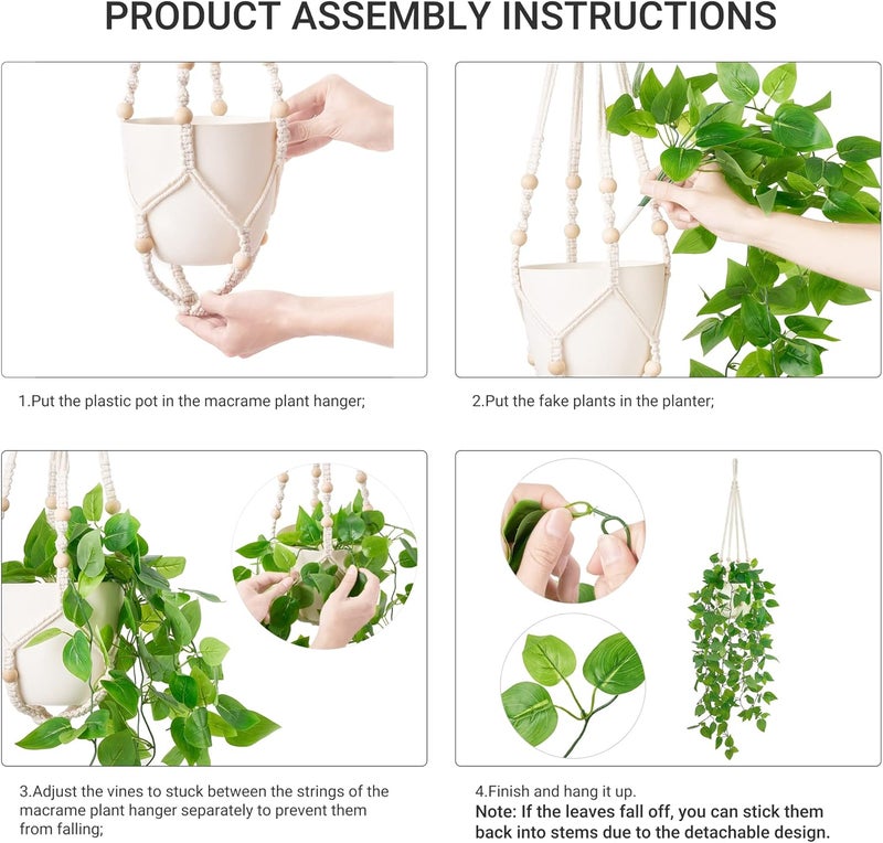 Mkono Fake Hanging Plant with Pot, Artificial Plants for Home Decor Indoor Macrame Plant Hanger with Fake Vines Greenery for Bedroom Bathroom Kitchen Office Decor, Ivory (Pothos) - Image 2