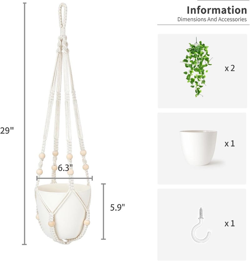 Mkono Fake Hanging Plant with Pot, Artificial Plants for Home Decor Indoor Macrame Plant Hanger with Fake Vines Greenery for Bedroom Bathroom Kitchen Office Decor, Ivory (Pothos) - Image 4