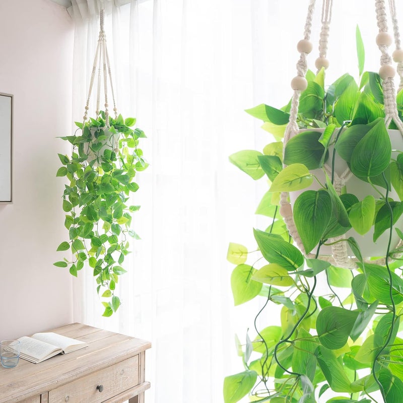 Mkono Fake Hanging Plant with Pot, Artificial Plants for Home Decor Indoor Macrame Plant Hanger with Fake Vines Greenery for Bedroom Bathroom Kitchen Office Decor, Ivory (Pothos) - Image 1