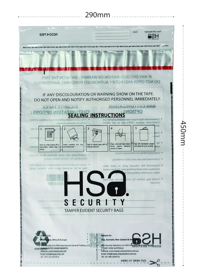 HSA Security Solutions HSA security tamper evident bag with void open message, A4 size 400mm x 285mm (15.7" x 11.2") transparent plastic cash bags, barcoded, serialized, perforated serialized receipt. 70 microns (100pieces)  - Image 1