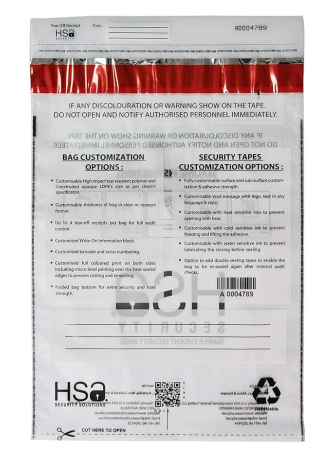 HSA Security Solutions HSA security tamper evident bag with void open message, A4 size 400mm x 285mm (15.7" x 11.2") transparent plastic cash bags, barcoded, serialized, perforated serialized receipt. 70 microns (100pieces)  - Image 4