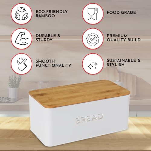 Culinary Couture White Bread Box for Kitchen Countertop with Bamboo Lid - Large BreadBox for Homemade Bread - Storage BreadBox with Cutting Board Lid - Image 3