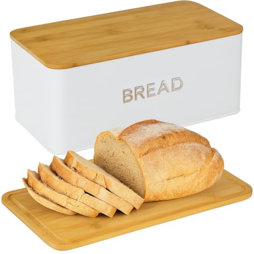 Culinary Couture White Bread Box for Kitchen Countertop with Bamboo Lid - Large BreadBox for Homemade Bread - Storage BreadBox with Cutting Board Lid - Image 1
