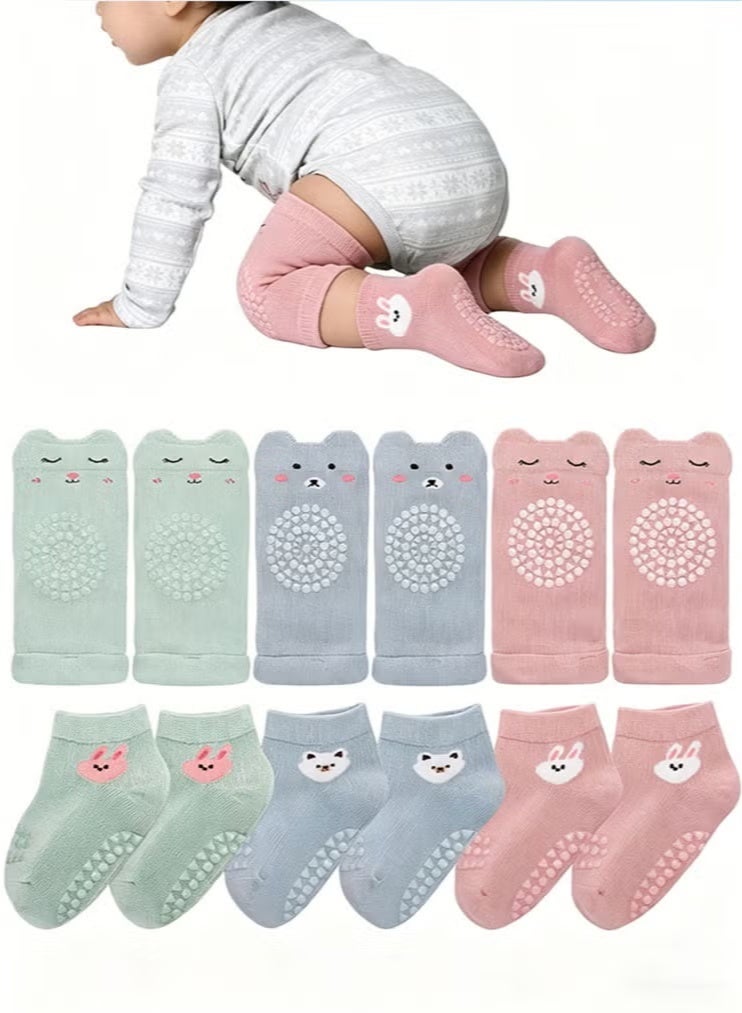 Arabest 6 Pairs Baby Knee Pads for Crawling and Non Slip Socks Set, Breathable Summer Baby Knee Protectors with Anti-Slip Design, High Elastic Soft Walking Safety Leg Warmers for Infant Toddler Boys Girls 6-24 Months - Image 1