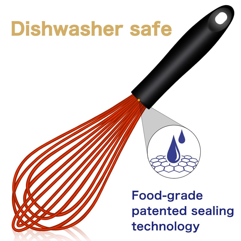 OYV Red Silicone Whisk, Sealed Waterproof Design Set of 3, Professional Kitchen Whisks for Cooking Non-Scratch, Silicone & Stainless Steel Whisk, Heat Resistant 480Â°F Balloon Egg Beater - Image 2