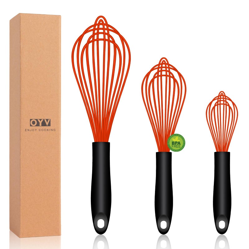 OYV Red Silicone Whisk, Sealed Waterproof Design Set of 3, Professional Kitchen Whisks for Cooking Non-Scratch, Silicone & Stainless Steel Whisk, Heat Resistant 480Â°F Balloon Egg Beater - Image 1