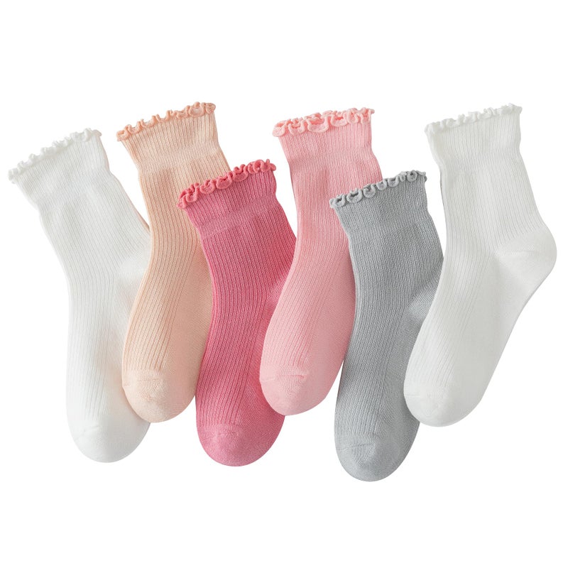 Hstyle Ruffle Socks for Women, 6 Pairs Mixed Color, Casual Cute Ankle Socks with Turn-Cuff, Size 5-9 - Image 1