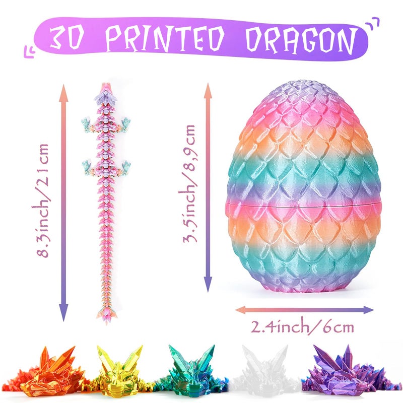 Apear1 6 Pcs 3D Printed Dragon Eggs with Dragon Inside, Mini Dragon Egg Fidget Toy 3D Articulated Crystal Dragon Eggs, Easter Basket Stuffers 3D Printed Easter Eggs Animals Toy Set (Multicolor-6pcs) - Image 4