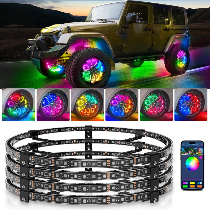 MICTUNING 17inch V1 RGBIC Chasing Color Wheel Ring Lights Kit with APP Control DoubleRow Dream Color Chasing Flow Neon Wheel Rim Lights with Turn Signal and Braking for Pickup Truck Car SUV