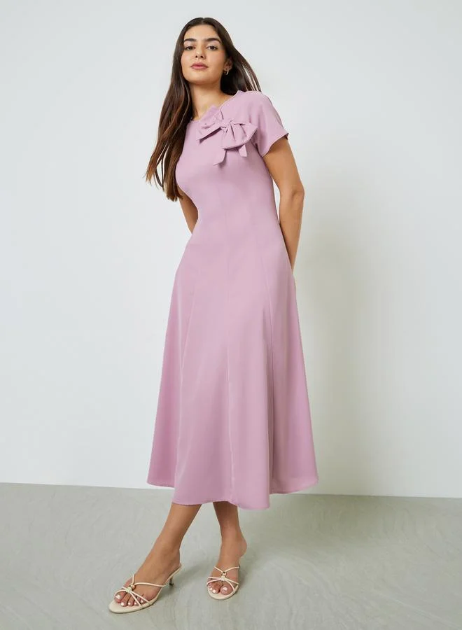تايك تو Pink Bow Decor A-Line Midi Dress