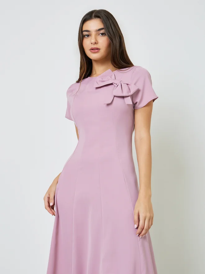 Styli Styli Pink Bow Decor A-Line Midi Dress