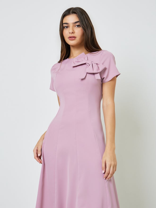 Styli Pink Bow Decor A-Line Midi Dress - Image 2