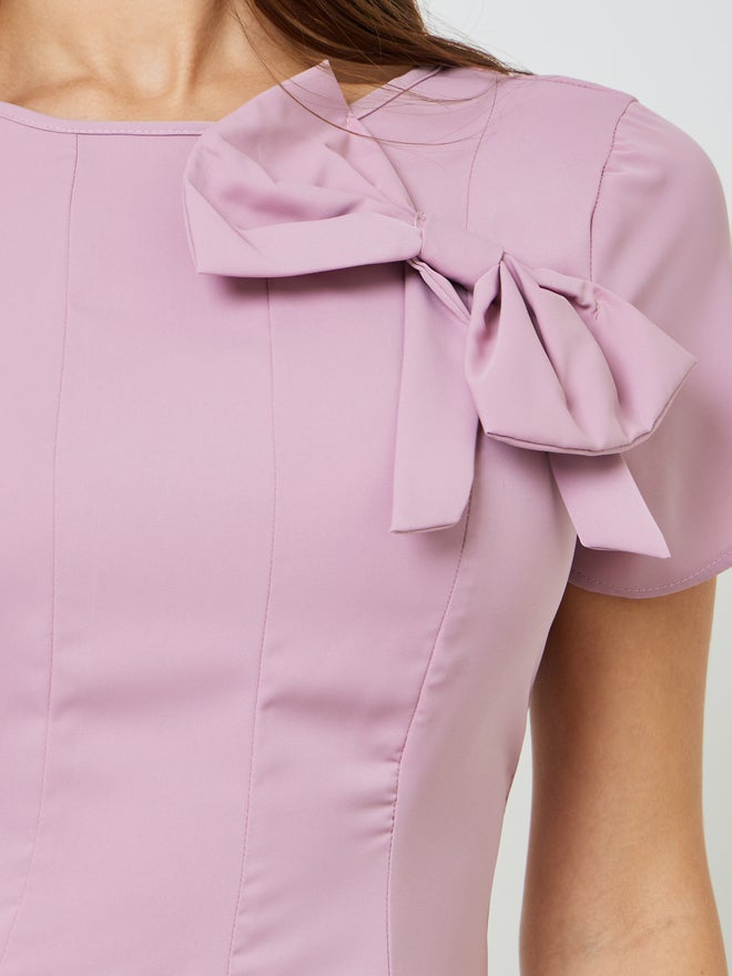 Styli Pink Bow Decor A-Line Midi Dress - Image 4