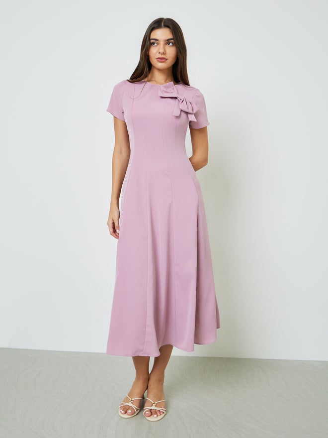 Styli Pink Bow Decor A-Line Midi Dress - Image 3