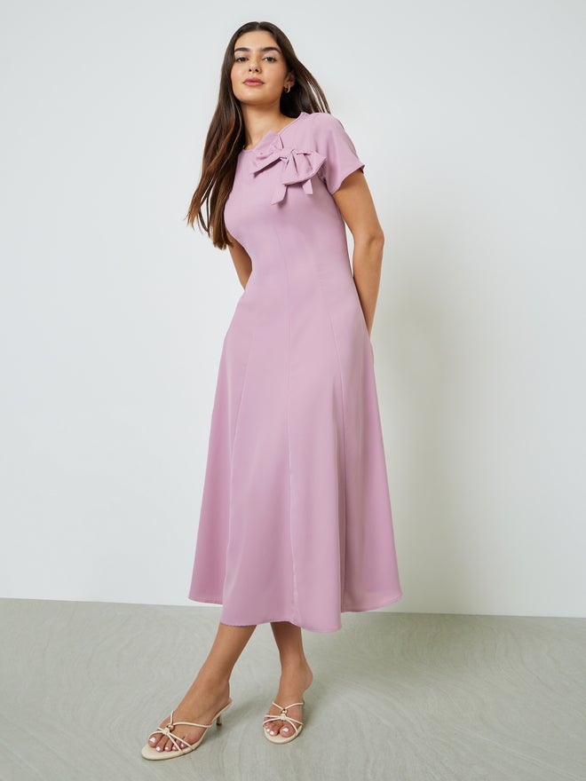 Styli Pink Bow Decor A-Line Midi Dress - Image 1