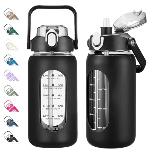 kytffu 42oz Glass Water Bottles with Straw, Motivational Glass Bottle with Silicone Sleeve and Time Marker, Leakproof Large Glass Water Jug for Gym Home Office,Black - Image 1