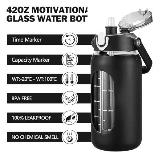 kytffu 42oz Glass Water Bottles with Straw, Motivational Glass Bottle with Silicone Sleeve and Time Marker, Leakproof Large Glass Water Jug for Gym Home Office,Black - Image 2