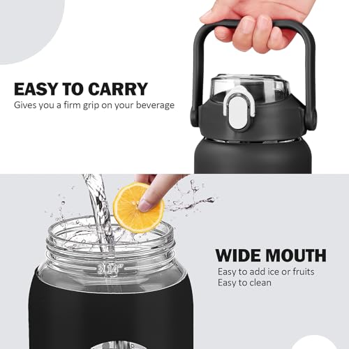 kytffu 42oz Glass Water Bottles with Straw, Motivational Glass Bottle with Silicone Sleeve and Time Marker, Leakproof Large Glass Water Jug for Gym Home Office,Black - Image 5