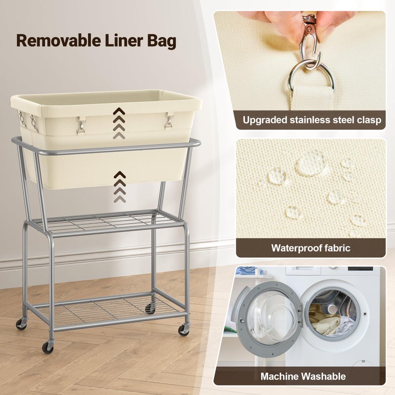 ELYKEN Laundry Cart with Wheels, Rolling Laundry Hamper with Removable Bag and Shelf, Metal Frame Laundry Basket with 4 Casters and 2 Brakes, Ideal for Bedroom, Bathroom, Laundry Room, Cream - Image 5