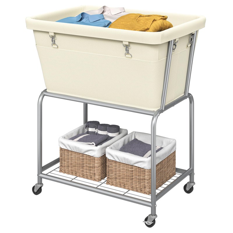 ELYKEN Laundry Cart with Wheels, Rolling Laundry Hamper with Removable Bag and Shelf, Metal Frame Laundry Basket with 4 Casters and 2 Brakes, Ideal for Bedroom, Bathroom, Laundry Room, Cream - Image 1