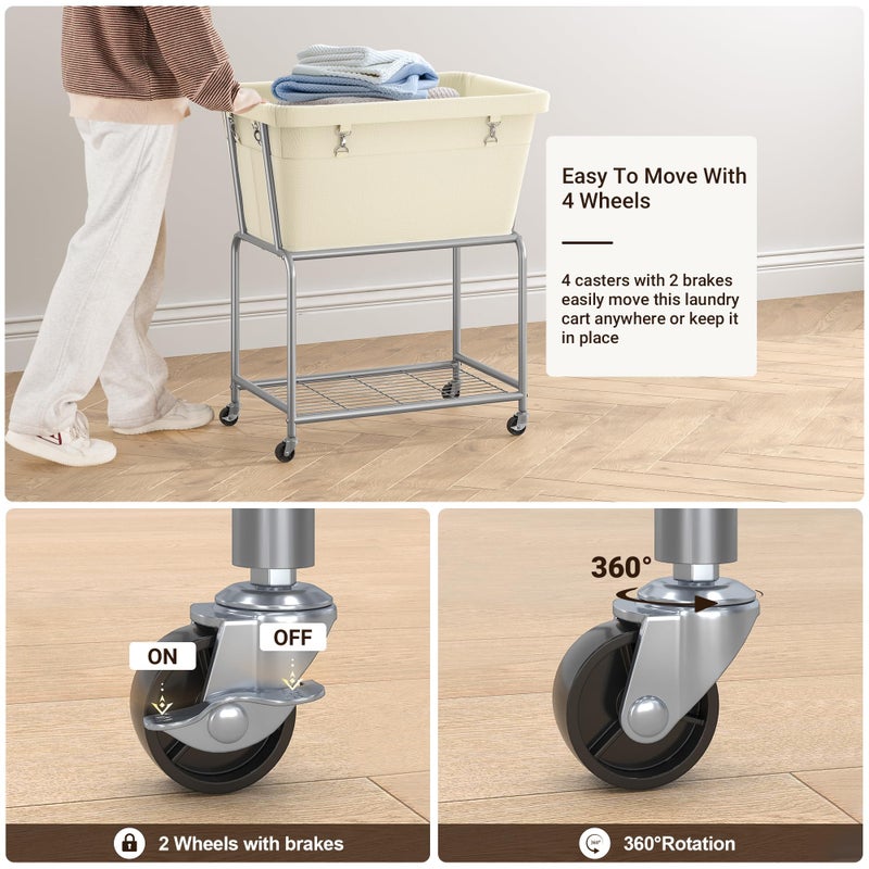 ELYKEN Laundry Cart with Wheels, Rolling Laundry Hamper with Removable Bag and Shelf, Metal Frame Laundry Basket with 4 Casters and 2 Brakes, Ideal for Bedroom, Bathroom, Laundry Room, Cream - Image 4