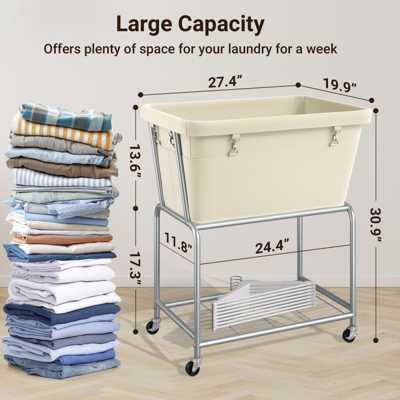ELYKEN Laundry Cart with Wheels, Rolling Laundry Hamper with Removable Bag and Shelf, Metal Frame Laundry Basket with 4 Casters and 2 Brakes, Ideal for Bedroom, Bathroom, Laundry Room, Cream - Image 3