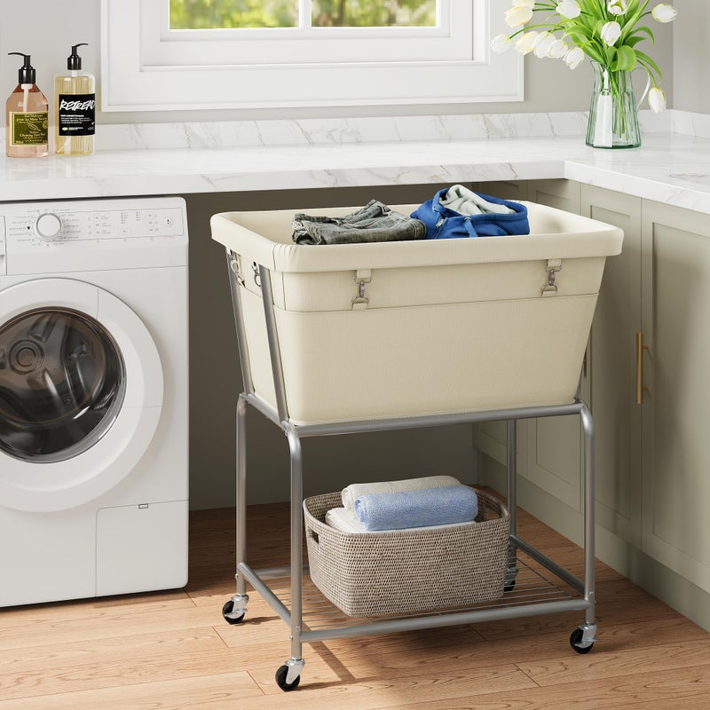ELYKEN Laundry Cart with Wheels, Rolling Laundry Hamper with Removable Bag and Shelf, Metal Frame Laundry Basket with 4 Casters and 2 Brakes, Ideal for Bedroom, Bathroom, Laundry Room, Cream - Image 2